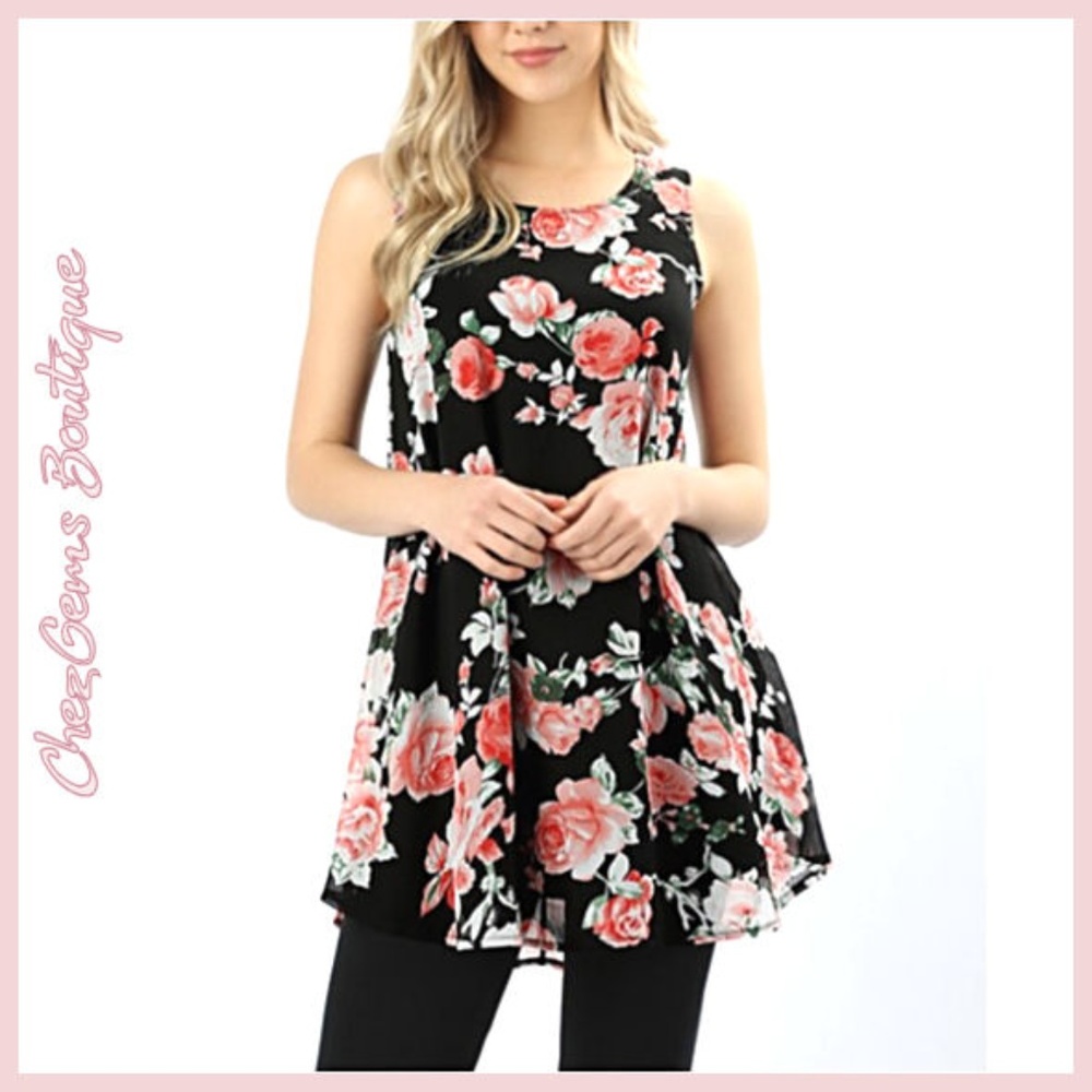 SALE ! NWT Tunic Lined Chiffon Floral black S M L